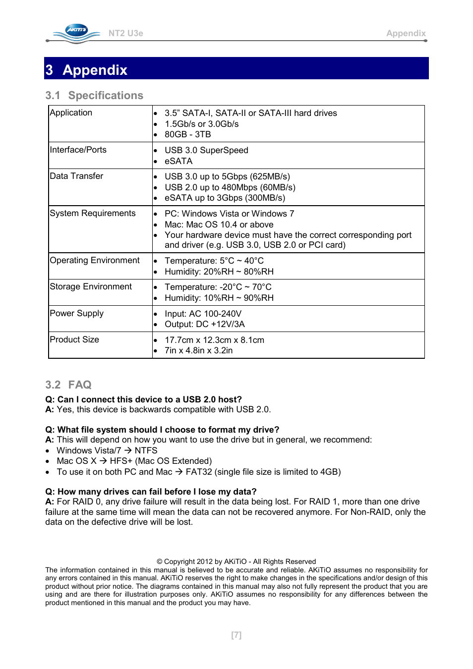 3 appendix, 1 specifications, 2 faq | AKiTiO NT2 U3e User Manual | Page 8 / 32