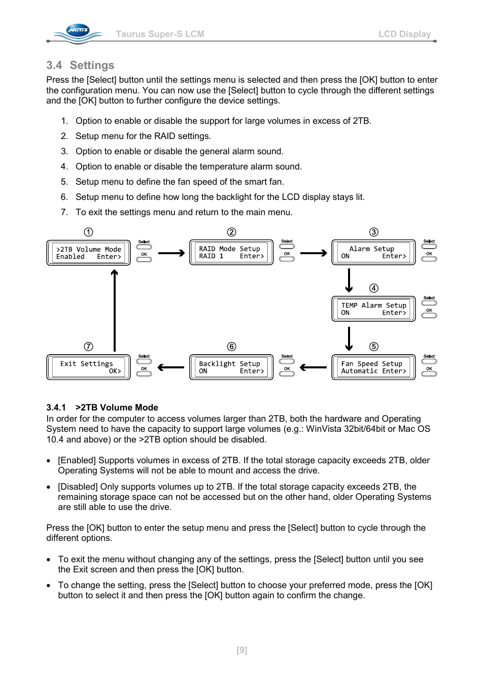 4 settings, 1 >2tb volume mode, Settings | AKiTiO Taurus Super-S LCM User Manual | Page 11 / 17
