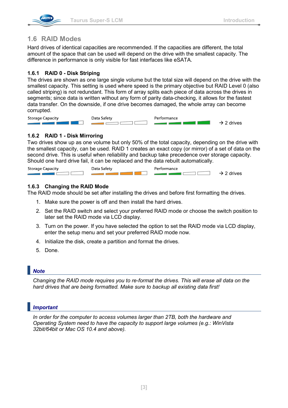 6 raid modes, 1 raid 0 - disk striping, 2 raid 1 - disk mirroring | 3 changing the raid mode, Raid modes | AKiTiO Taurus Super-S LCM User Manual | Page 5 / 17