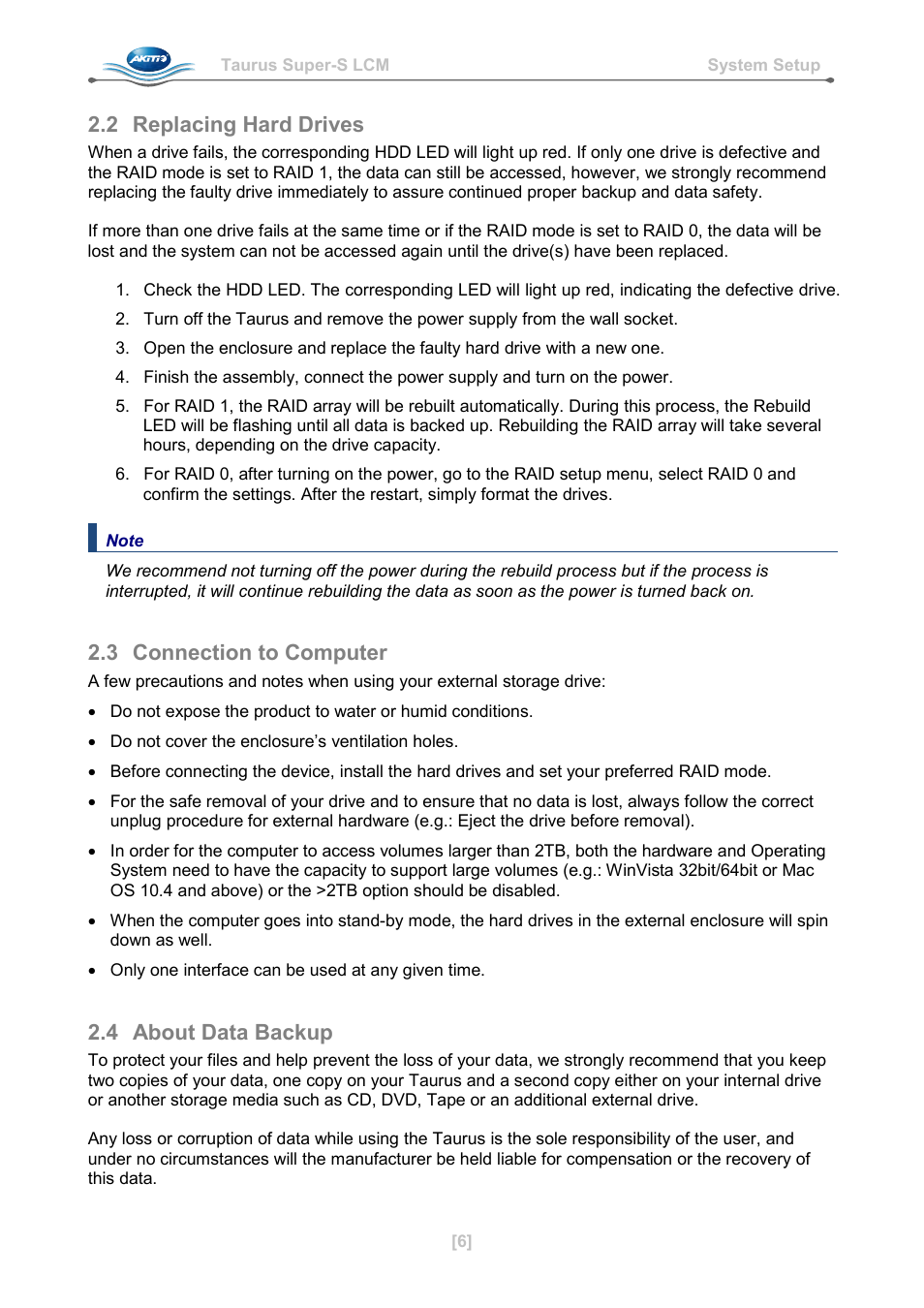 2 replacing hard drives, 3 connection to computer, 4 about data backup | Replacing hard drives, Connection to computer, About data backup | AKiTiO Taurus Super-S LCM User Manual | Page 8 / 17