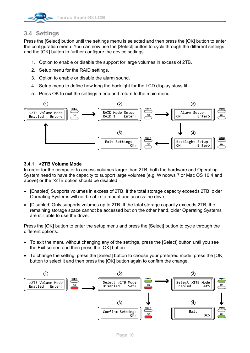4 settings, 1 >2tb volume mode, Settings | 2tb volume mode | AKiTiO Taurus Super-S3 LCM User Manual | Page 12 / 17