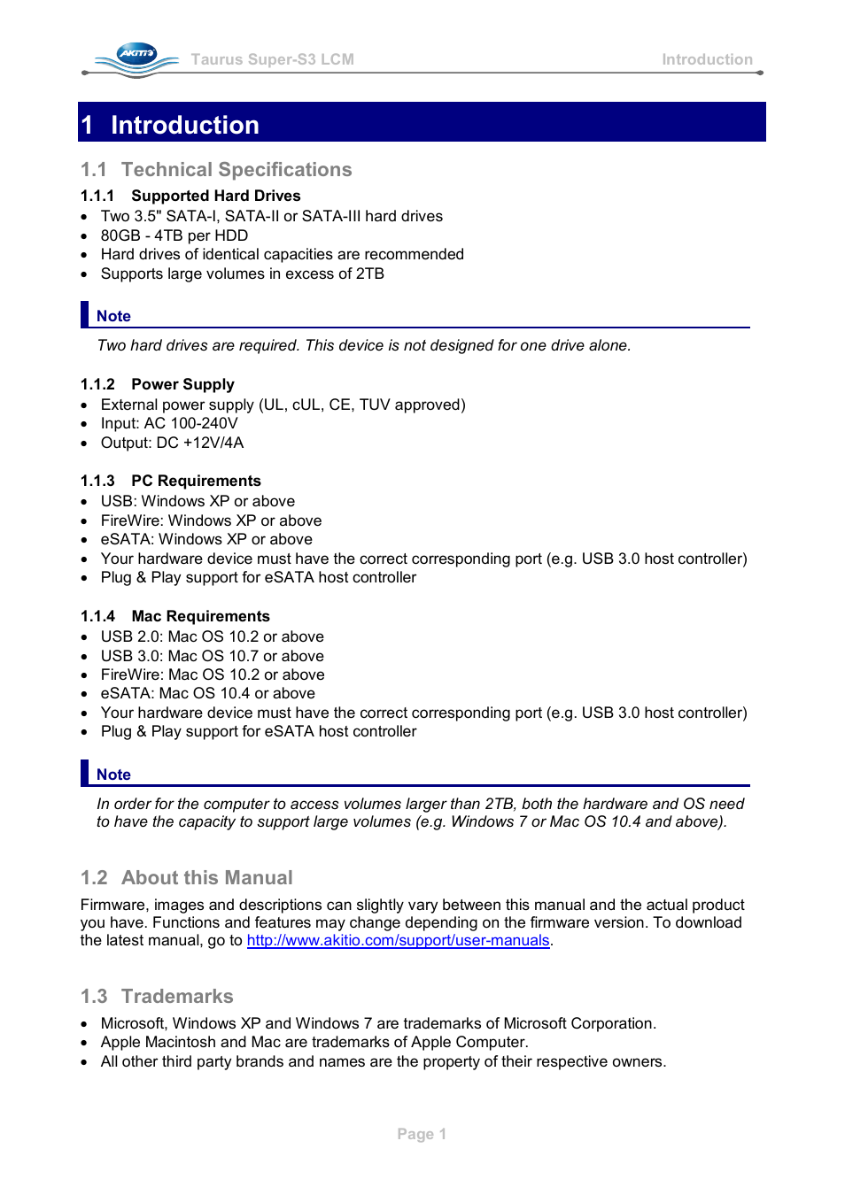 1 introduction, 1 technical specifications, 1 supported hard drives | 2 power supply, 3 pc requirements, 4 mac requirements, 2 about this manual, 3 trademarks, Technical specifications, About this manual | AKiTiO Taurus Super-S3 LCM User Manual | Page 3 / 17
