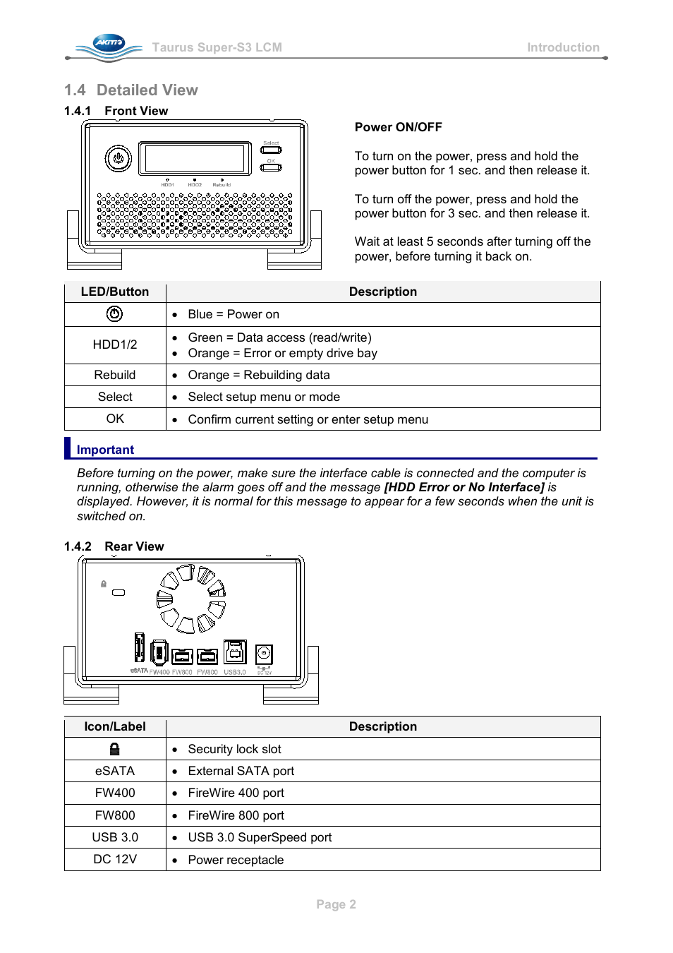 4 detailed view, 1 front view, 2 rear view | Detailed view | AKiTiO Taurus Super-S3 LCM User Manual | Page 4 / 17