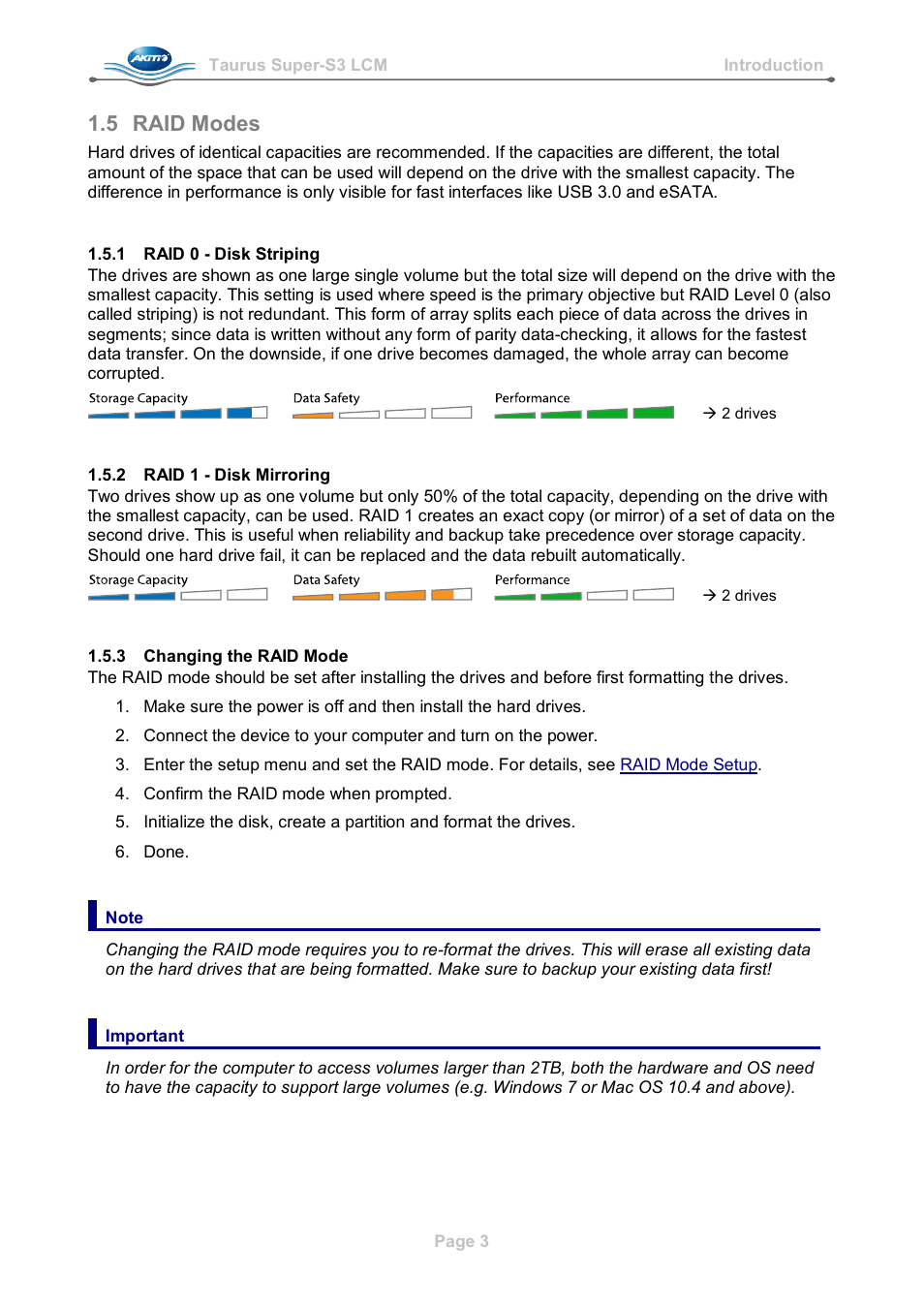 5 raid modes, 1 raid 0 - disk striping, 2 raid 1 - disk mirroring | 3 changing the raid mode, Raid modes | AKiTiO Taurus Super-S3 LCM User Manual | Page 5 / 17