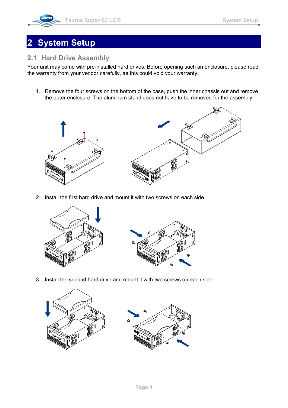 2 system setup, 1 hard drive assembly, Hard drive assembly | AKiTiO Taurus Super-S3 LCM User Manual | Page 6 / 17