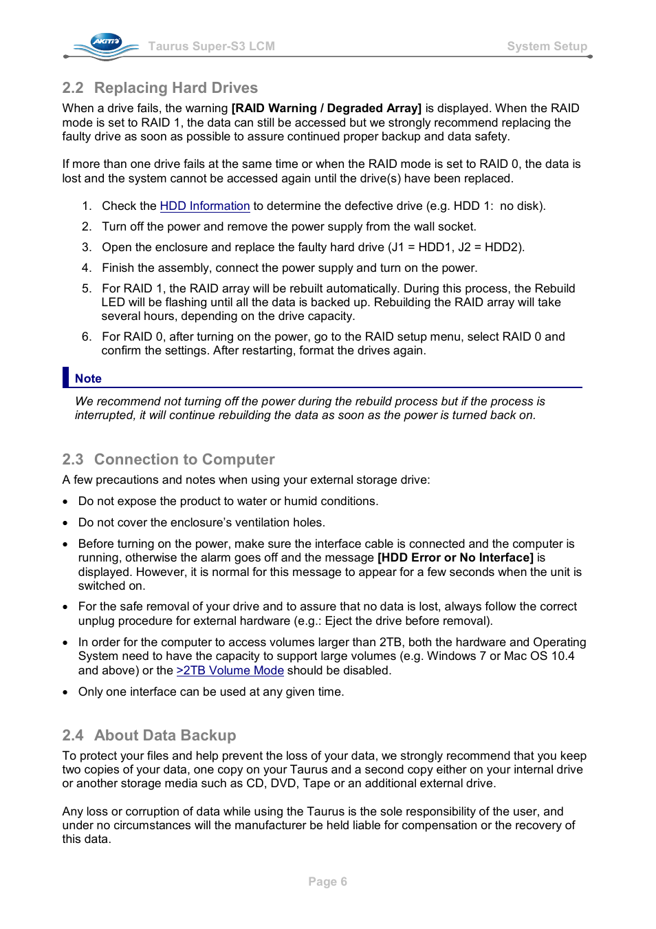 2 replacing hard drives, 3 connection to computer, 4 about data backup | Replacing hard drives, Connection to computer, About data backup | AKiTiO Taurus Super-S3 LCM User Manual | Page 8 / 17