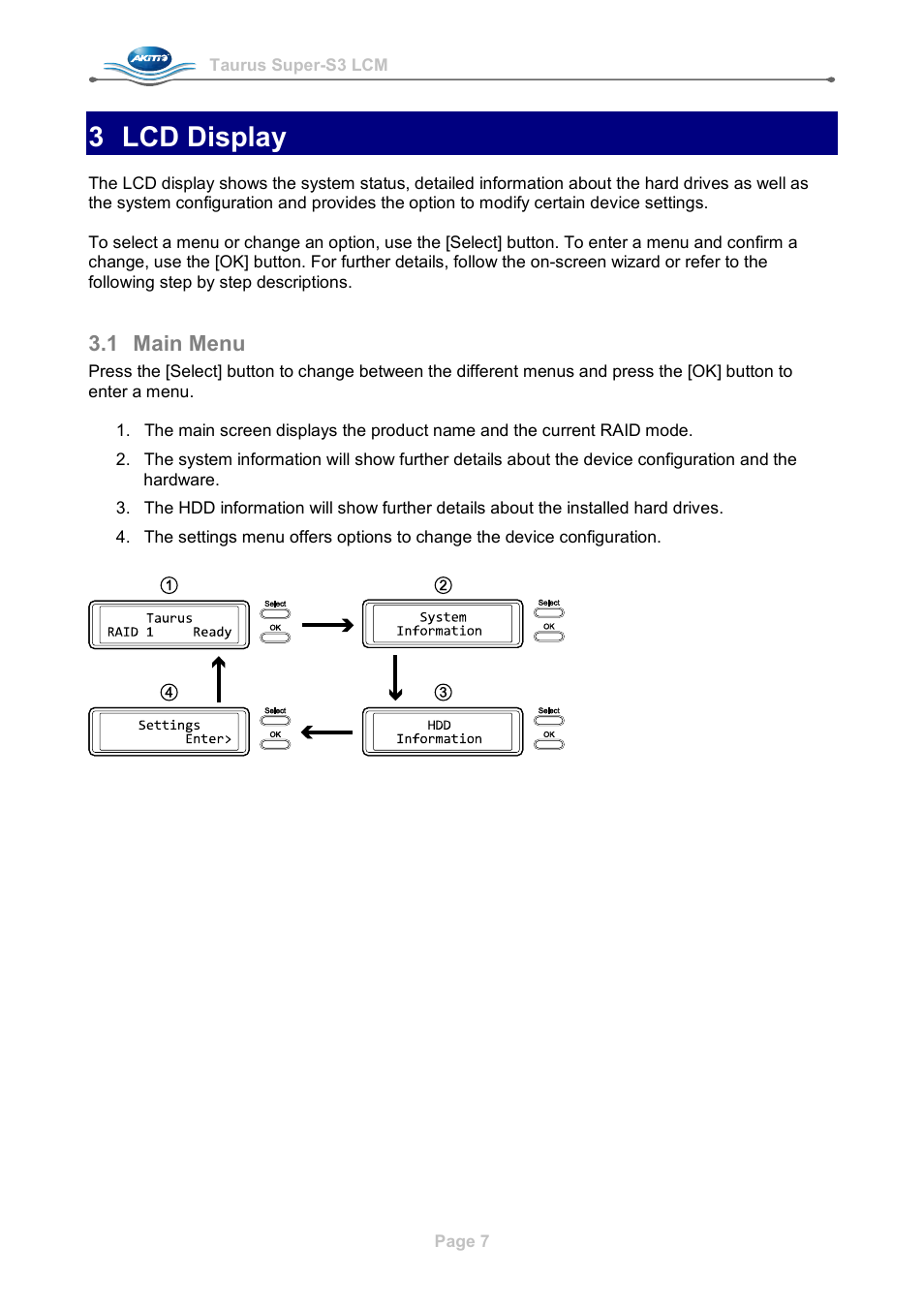 3 lcd display, 1 main menu, Main menu | AKiTiO Taurus Super-S3 LCM User Manual | Page 9 / 17