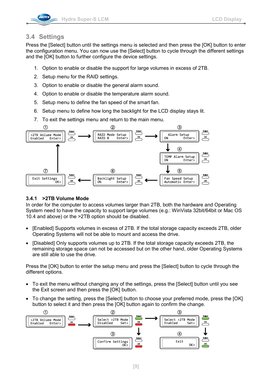 4 settings, 1 >2tb volume mode, Settings | AKiTiO Hydra Super-S LCM User Manual | Page 11 / 17