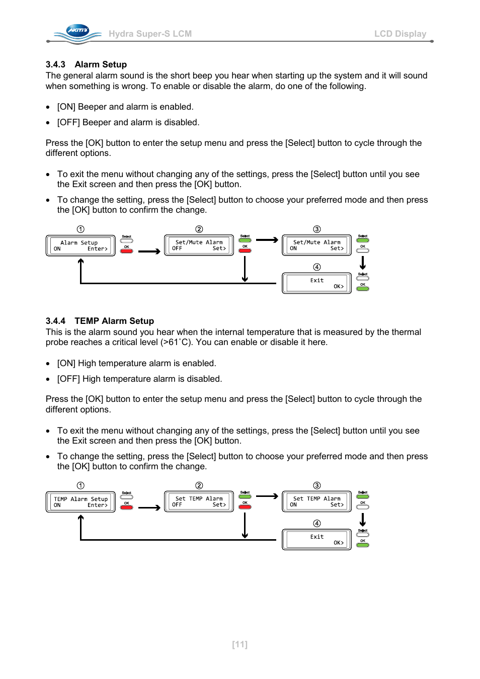 3 alarm setup, 4 temp alarm setup | AKiTiO Hydra Super-S LCM User Manual | Page 13 / 17