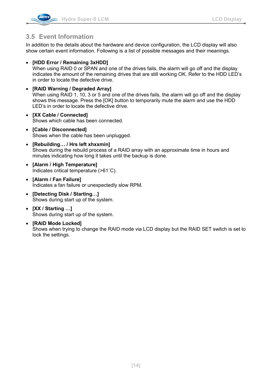 5 event information, Event information | AKiTiO Hydra Super-S LCM User Manual | Page 16 / 17