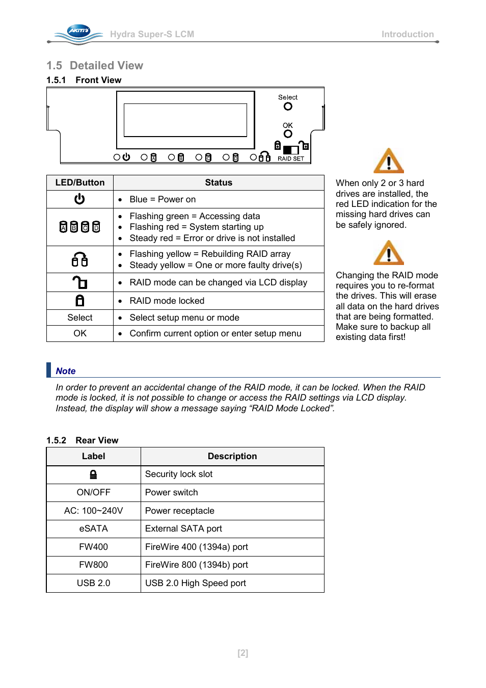 5 detailed view, 1 front view, 2 rear view | Detailed view | AKiTiO Hydra Super-S LCM User Manual | Page 4 / 17