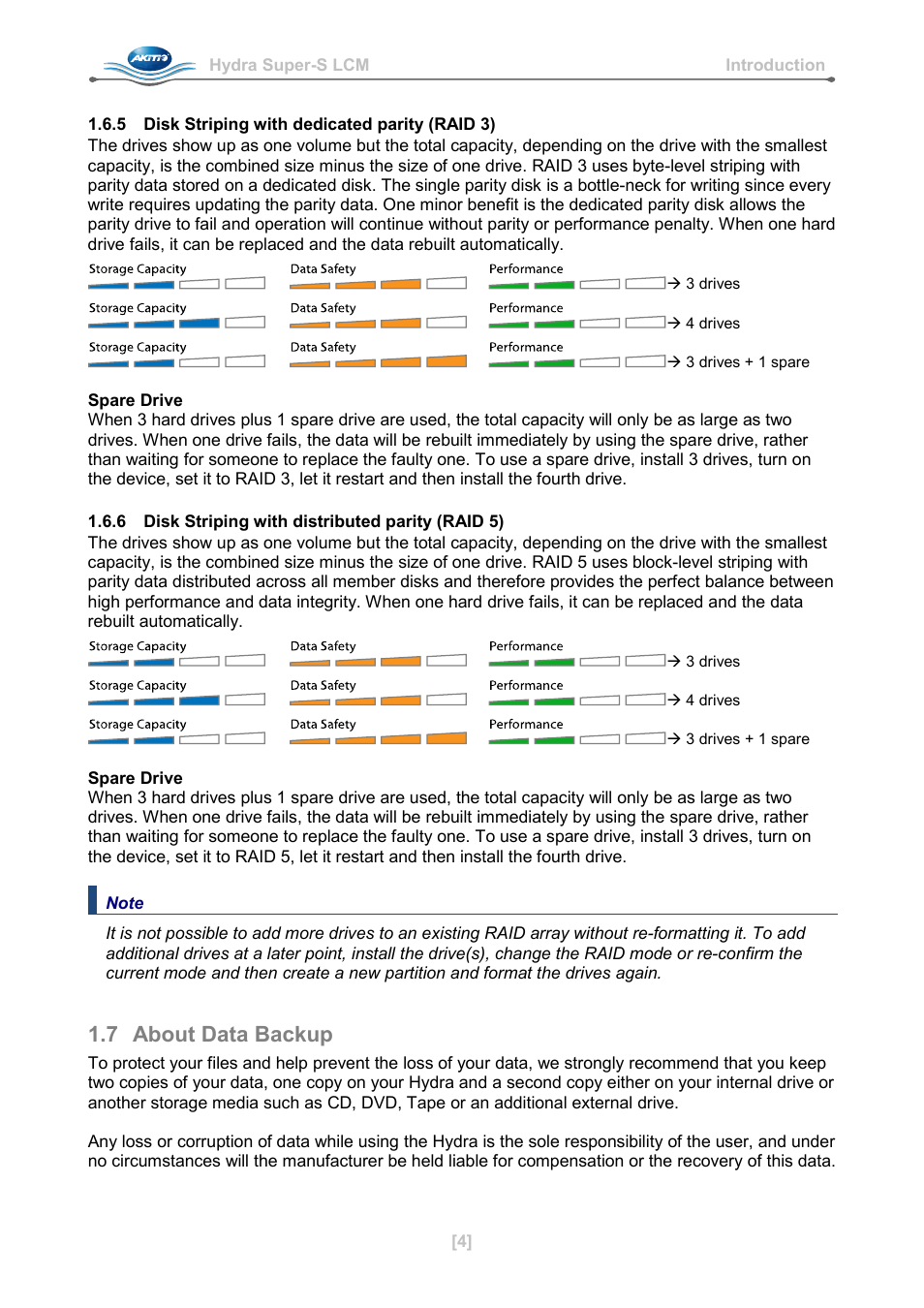 5 disk striping with dedicated parity (raid 3), 6 disk striping with distributed parity (raid 5), 7 about data backup | About data backup | AKiTiO Hydra Super-S LCM User Manual | Page 6 / 17