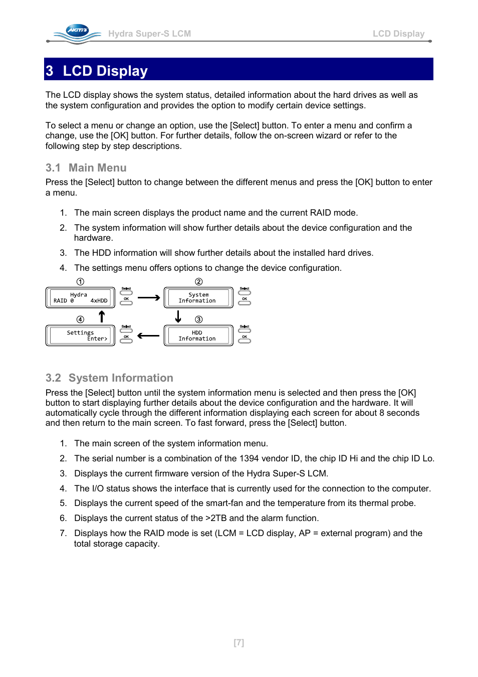 3 lcd display, 1 main menu, 2 system information | Lcd display, Main menu, System information | AKiTiO Hydra Super-S LCM User Manual | Page 9 / 17