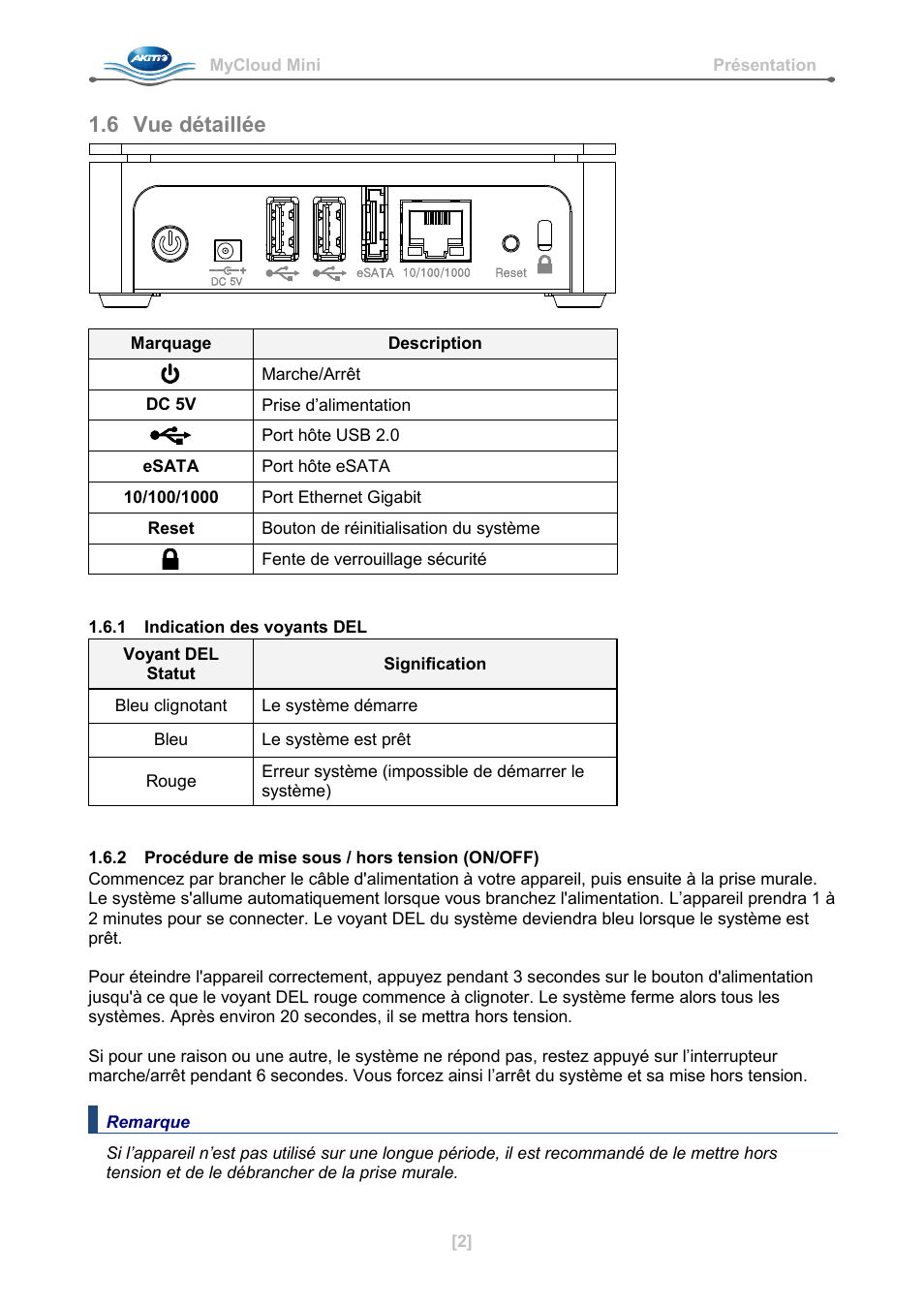 6 vue détaillée, 1 indication des voyants del, 2 procédure de mise sous / hors tension (on/off) | AKiTiO MyCloud Mini User Manual | Page 11 / 33