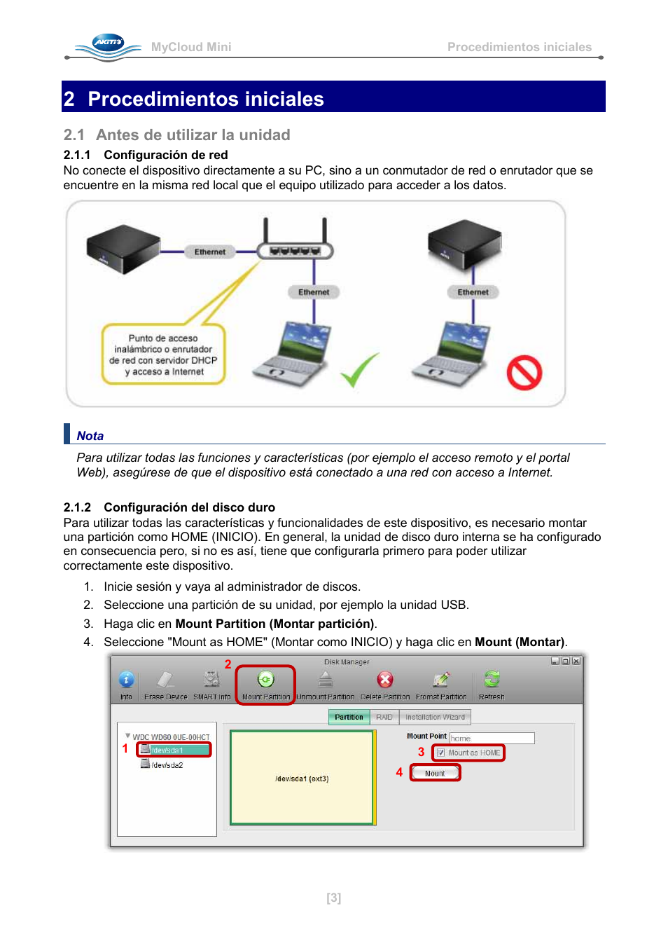 2 procedimientos iniciales, 1 antes de utilizar la unidad, 1 configuración de red | 2 configuración del disco duro | AKiTiO MyCloud Mini User Manual | Page 16 / 33