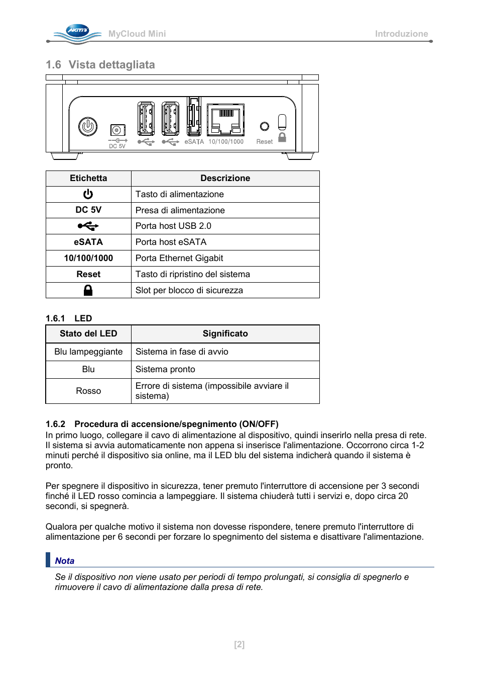 6 vista dettagliata, 1 led, 2 procedura di accensione/spegnimento (on/off) | AKiTiO MyCloud Mini User Manual | Page 19 / 33