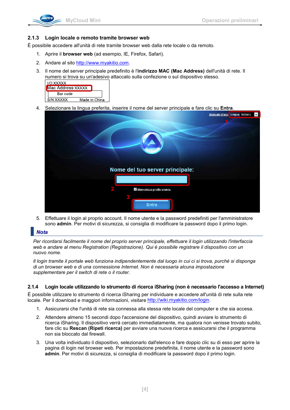 3 login locale o remoto tramite browser web | AKiTiO MyCloud Mini User Manual | Page 21 / 33