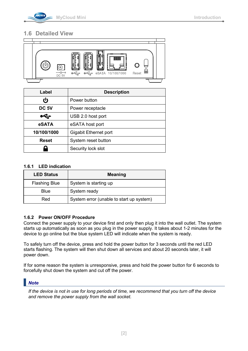 6 detailed view, 1 led indication, 2 power on/off procedure | AKiTiO MyCloud Mini User Manual | Page 3 / 33