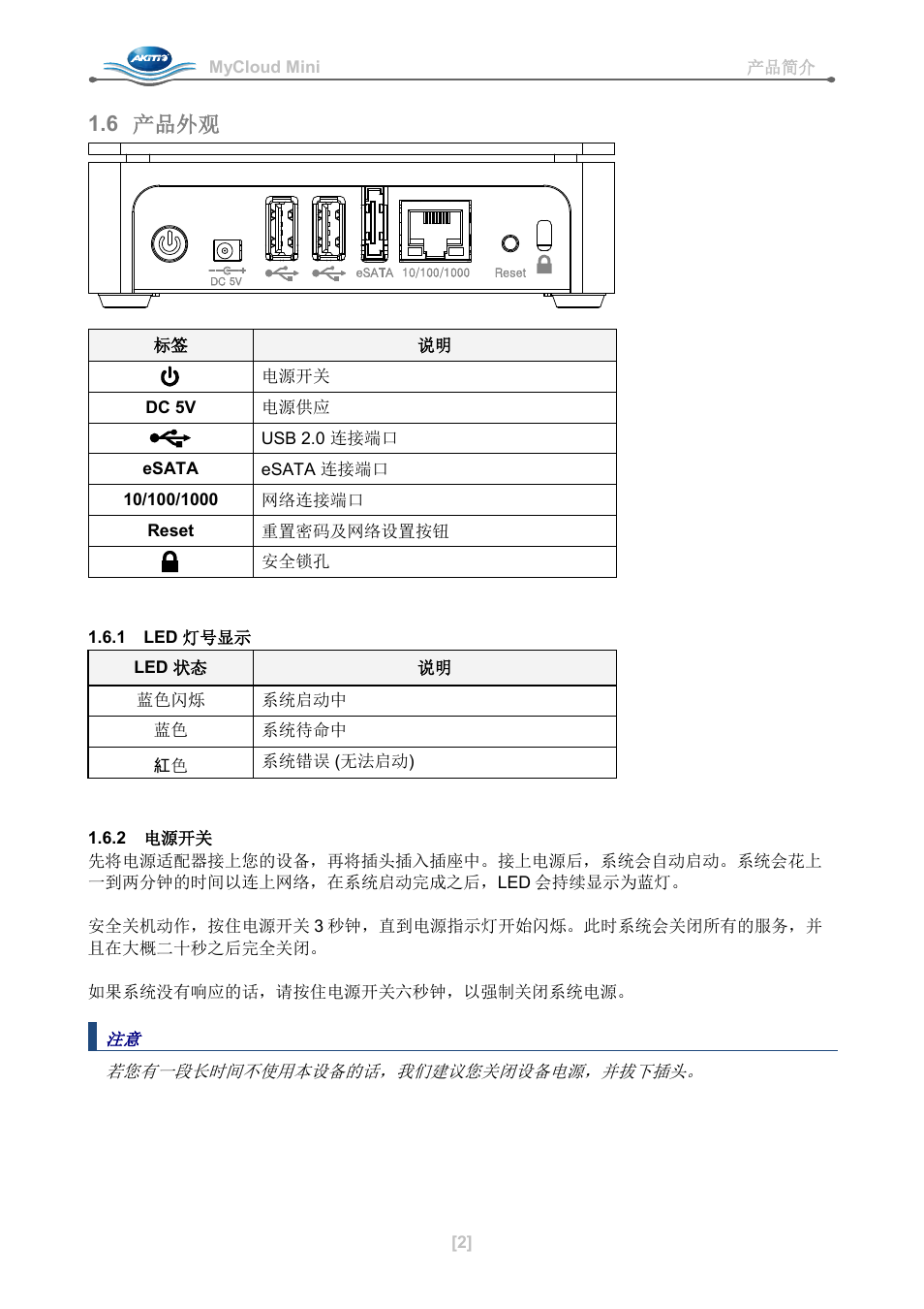 6 产品外观, 1 led 灯号显示, 2 电源开关 | AKiTiO MyCloud Mini User Manual | Page 31 / 33