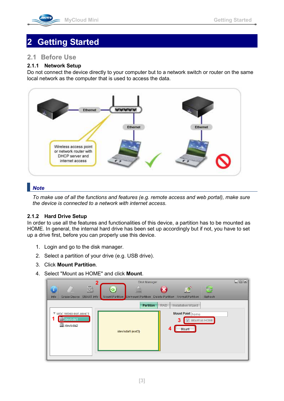 2 getting started, 1 before use, 1 network setup | 2 hard drive setup | AKiTiO MyCloud Mini User Manual | Page 4 / 33