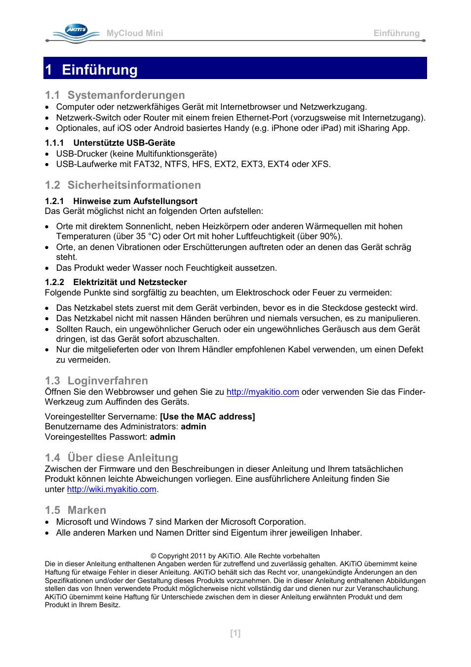 German, 1 einführung, 1 systemanforderungen | 1 unterstützte usb-geräte, 2 sicherheitsinformationen, 1 hinweise zum aufstellungsort, 2 elektrizität und netzstecker, 3 loginverfahren, 4 über diese anleitung, 5 marken | AKiTiO MyCloud Mini User Manual | Page 6 / 33