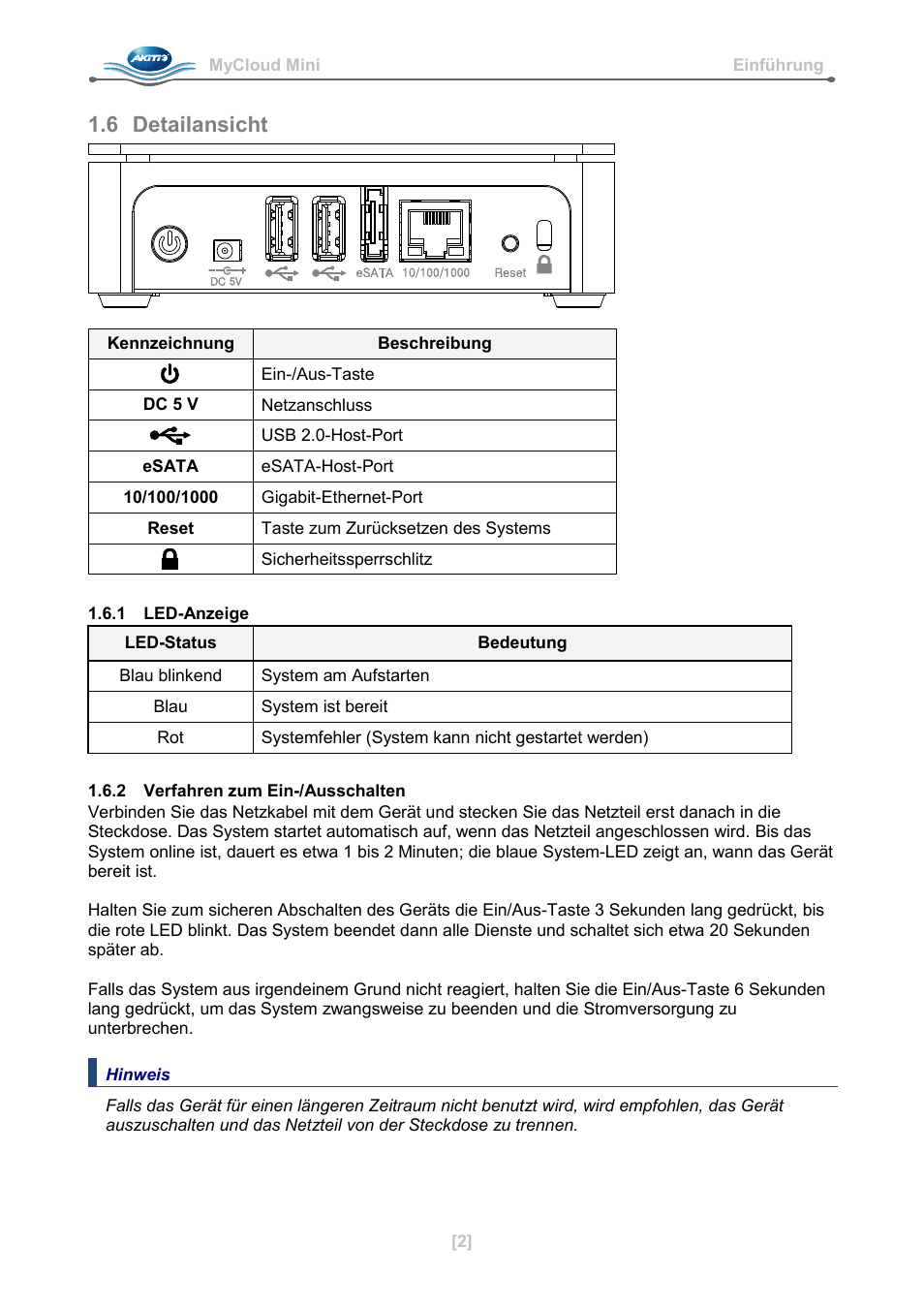 6 detailansicht, 1 led-anzeige, 2 verfahren zum ein-/ausschalten | AKiTiO MyCloud Mini User Manual | Page 7 / 33