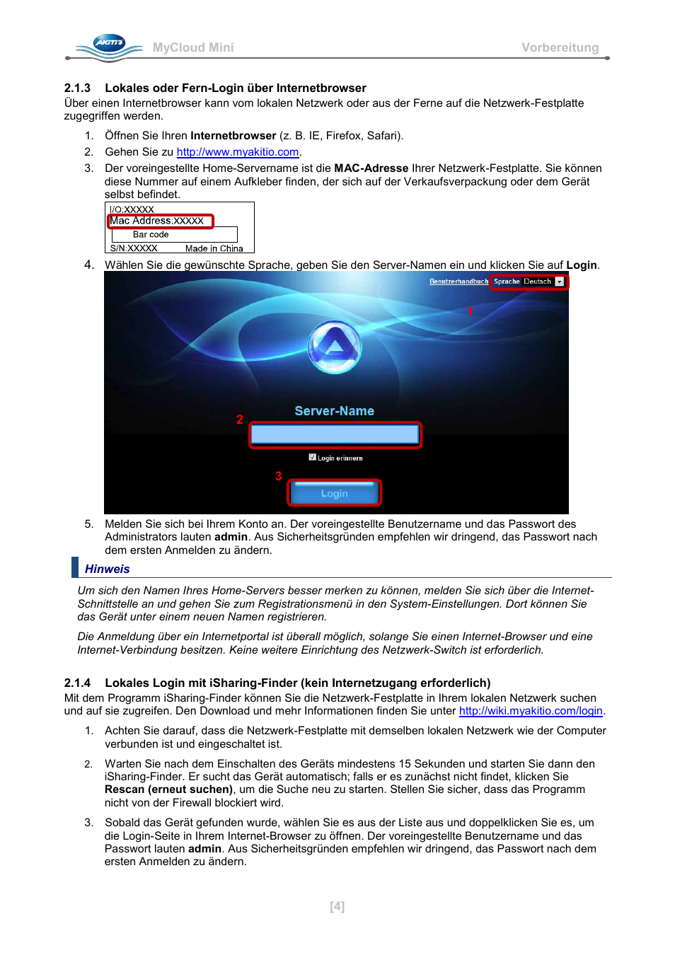 3 lokales oder fern-login über internetbrowser | AKiTiO MyCloud Mini User Manual | Page 9 / 33