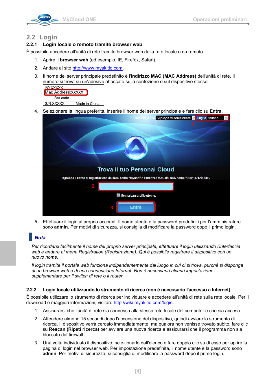 2 login, 1 login locale o remoto tramite browser web | AKiTiO MyCloud ONE User Manual | Page 21 / 33