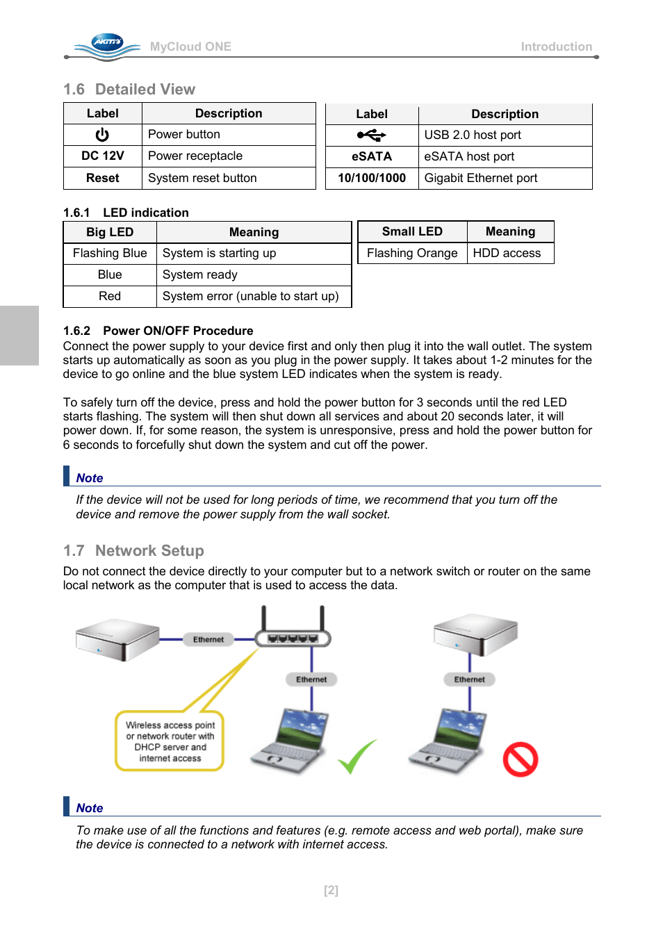 6 detailed view, 1 led indication, 2 power on/off procedure | 7 network setup | AKiTiO MyCloud ONE User Manual | Page 3 / 33