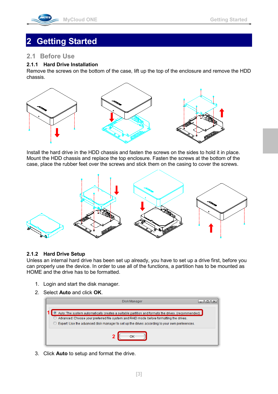 2 getting started, 1 before use, 1 hard drive installation | 2 hard drive setup | AKiTiO MyCloud ONE User Manual | Page 4 / 33