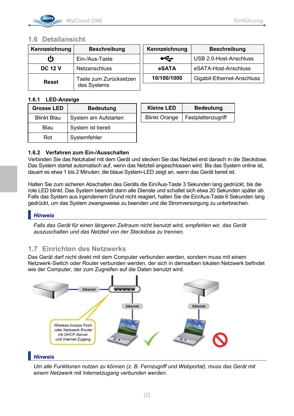 6 detailansicht, 1 led-anzeige, 2 verfahren zum ein-/ausschalten | 7 einrichten des netzwerks | AKiTiO MyCloud ONE User Manual | Page 7 / 33