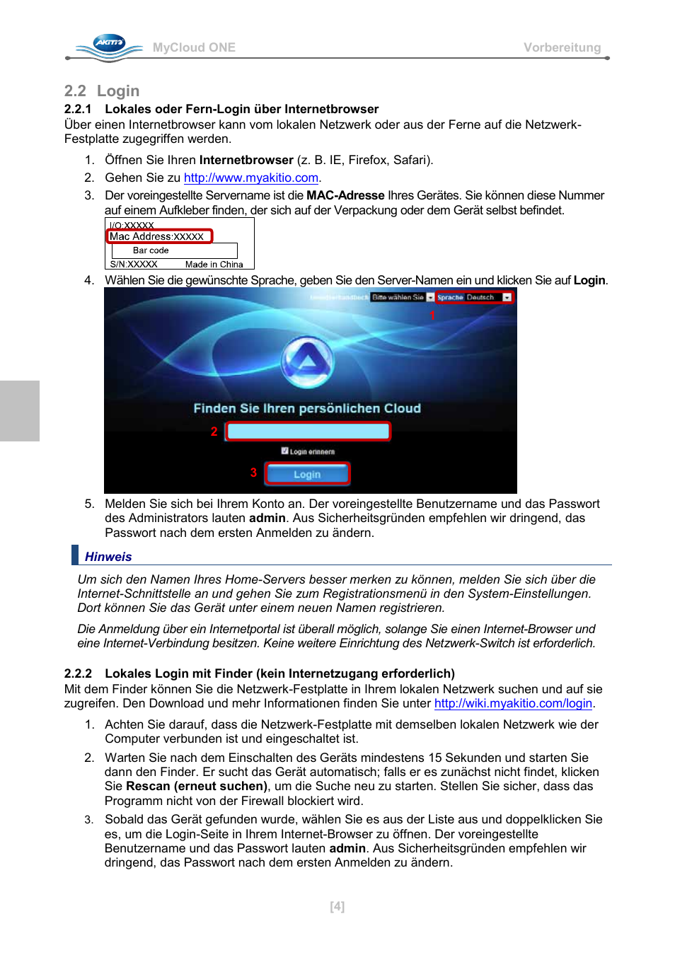 2 login, 1 lokales oder fern-login über internetbrowser | AKiTiO MyCloud ONE User Manual | Page 9 / 33