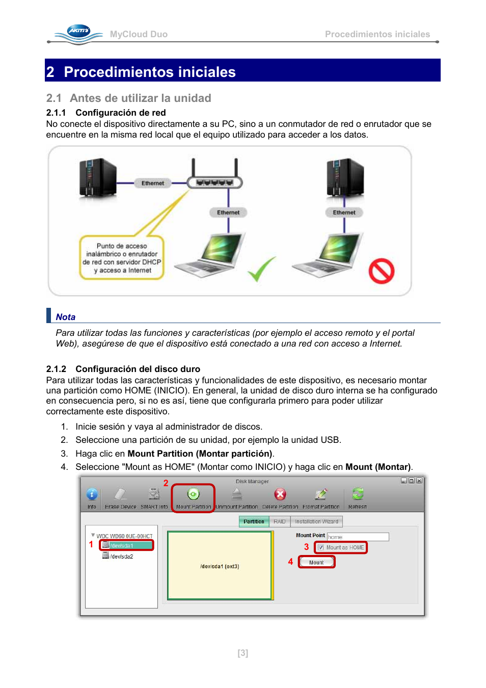 2 procedimientos iniciales, 1 antes de utilizar la unidad, 1 configuración de red | 2 configuración del disco duro | AKiTiO MyCloud Duo User Manual | Page 16 / 33