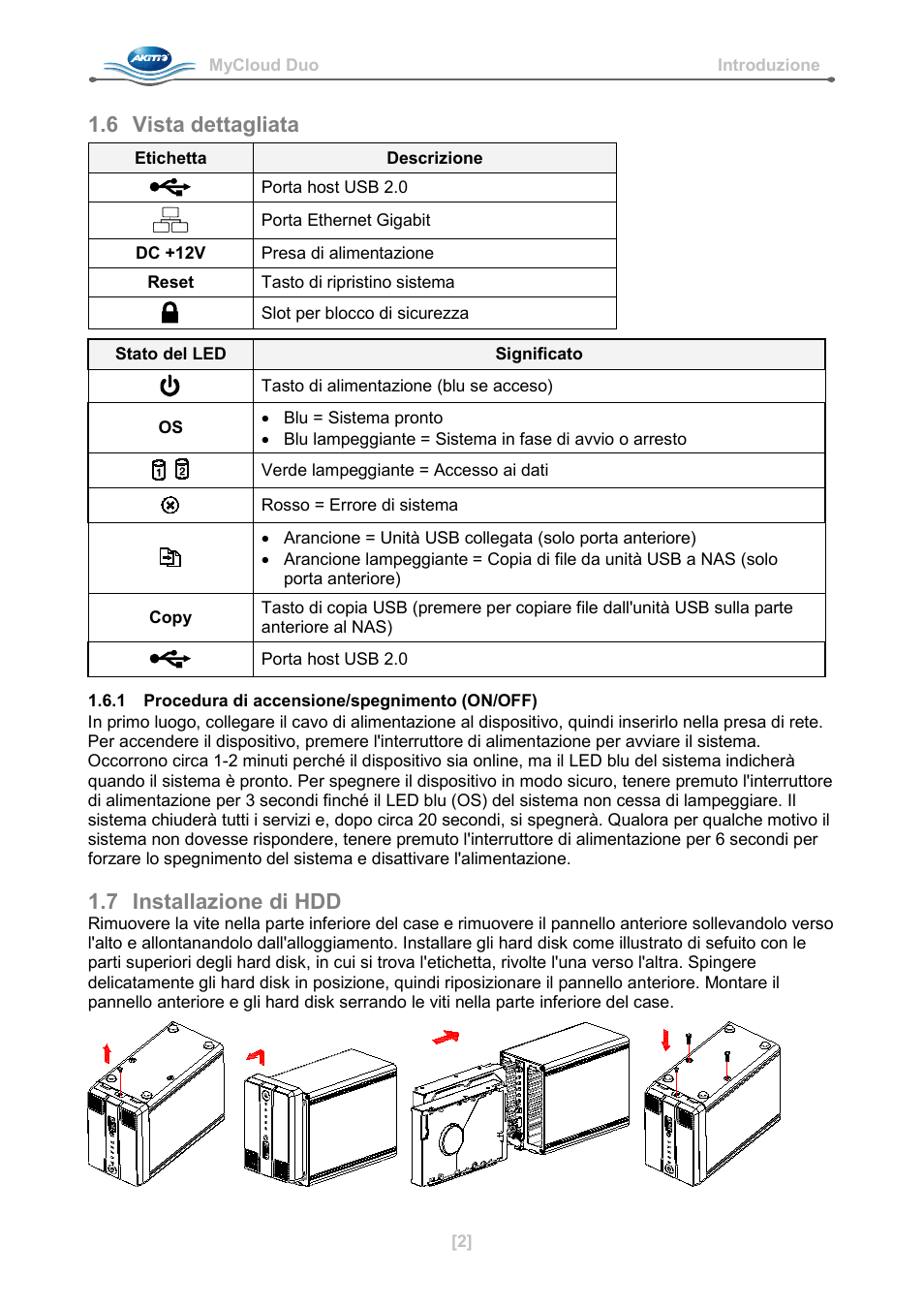 6 vista dettagliata, 1 procedura di accensione/spegnimento (on/off), 7 installazione di hdd | AKiTiO MyCloud Duo User Manual | Page 19 / 33