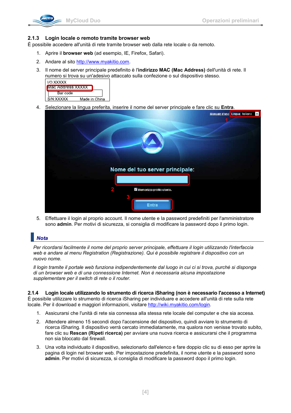 3 login locale o remoto tramite browser web | AKiTiO MyCloud Duo User Manual | Page 21 / 33
