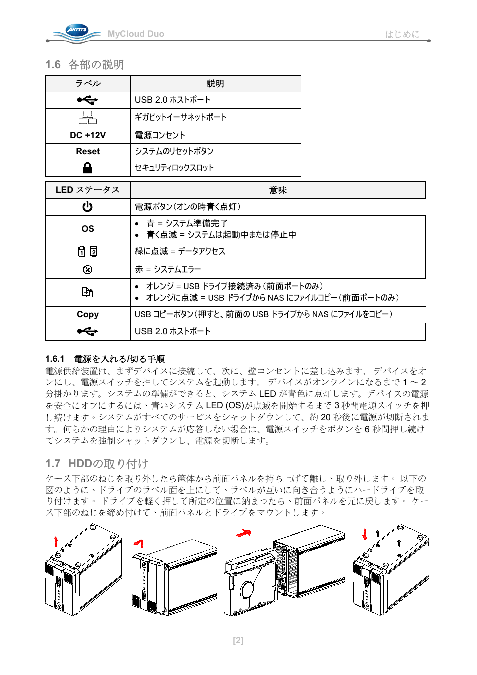 6 各部の説明, 1 電源を入れる/切る手順, 7 hddの取り付け | 7 hdd の取り付け | AKiTiO MyCloud Duo User Manual | Page 23 / 33