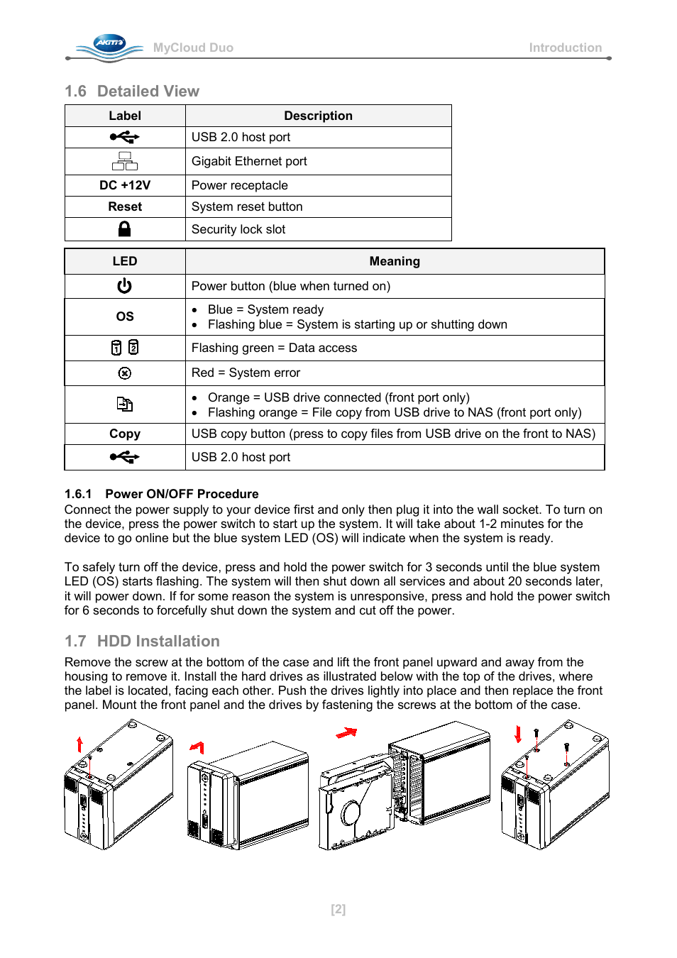 6 detailed view, 1 power on/off procedure, 7 hdd installation | AKiTiO MyCloud Duo User Manual | Page 3 / 33