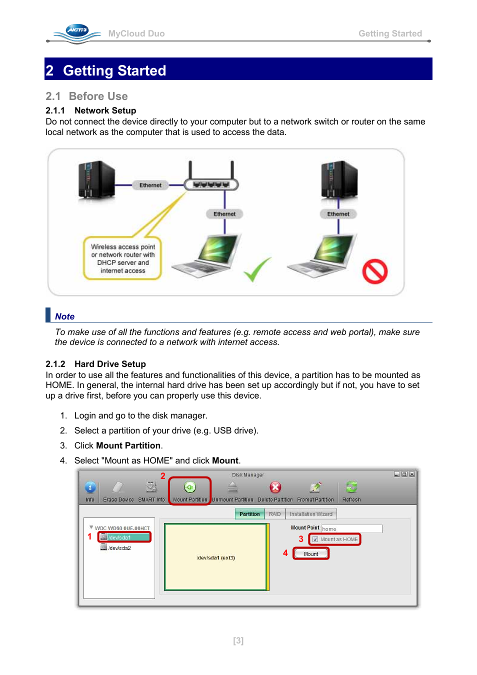 2 getting started, 1 before use, 1 network setup | 2 hard drive setup | AKiTiO MyCloud Duo User Manual | Page 4 / 33