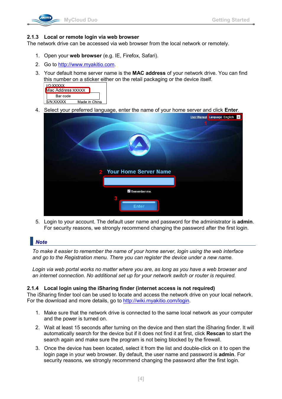 3 local or remote login via web browser | AKiTiO MyCloud Duo User Manual | Page 5 / 33