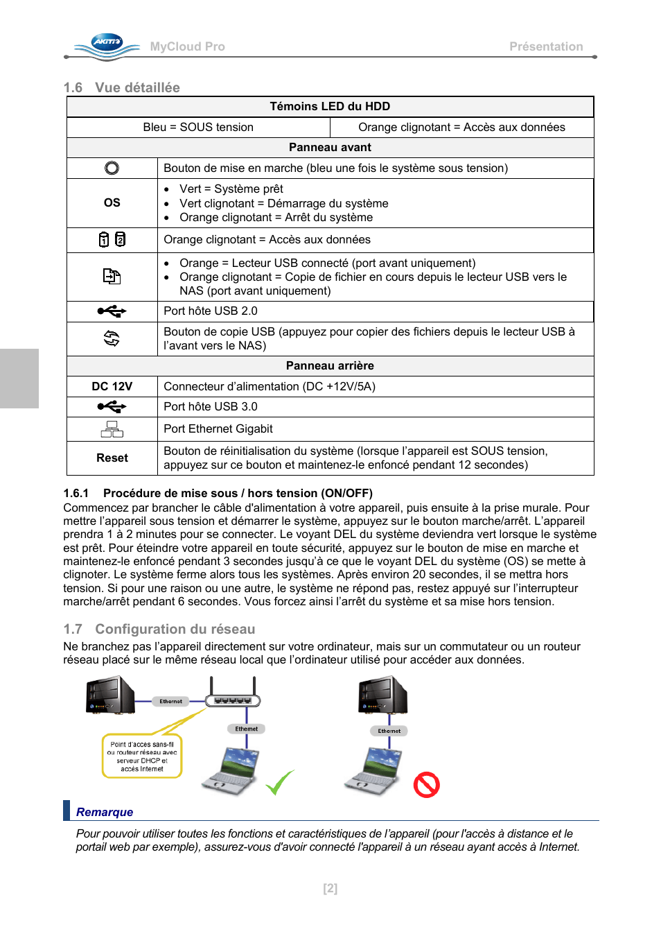 6 vue détaillée, 1 procédure de mise sous / hors tension (on/off), 7 configuration du réseau | AKiTiO MyCloud Pro User Manual | Page 11 / 37