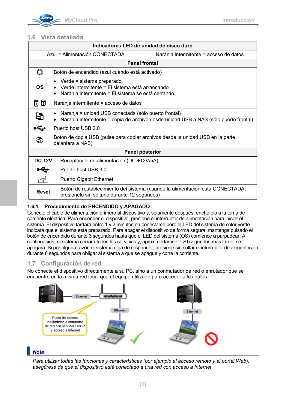 6 vista detallada, 1 procedimiento de encendido y apagado, 7 configuración de red | AKiTiO MyCloud Pro User Manual | Page 15 / 37