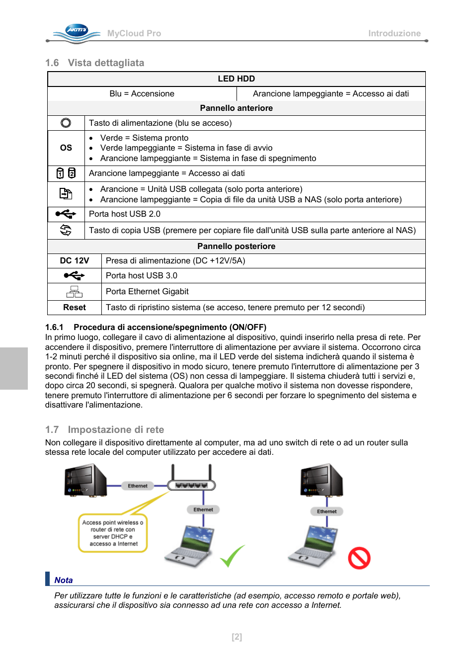 6 vista dettagliata, 1 procedura di accensione/spegnimento (on/off), 7 impostazione di rete | AKiTiO MyCloud Pro User Manual | Page 19 / 37