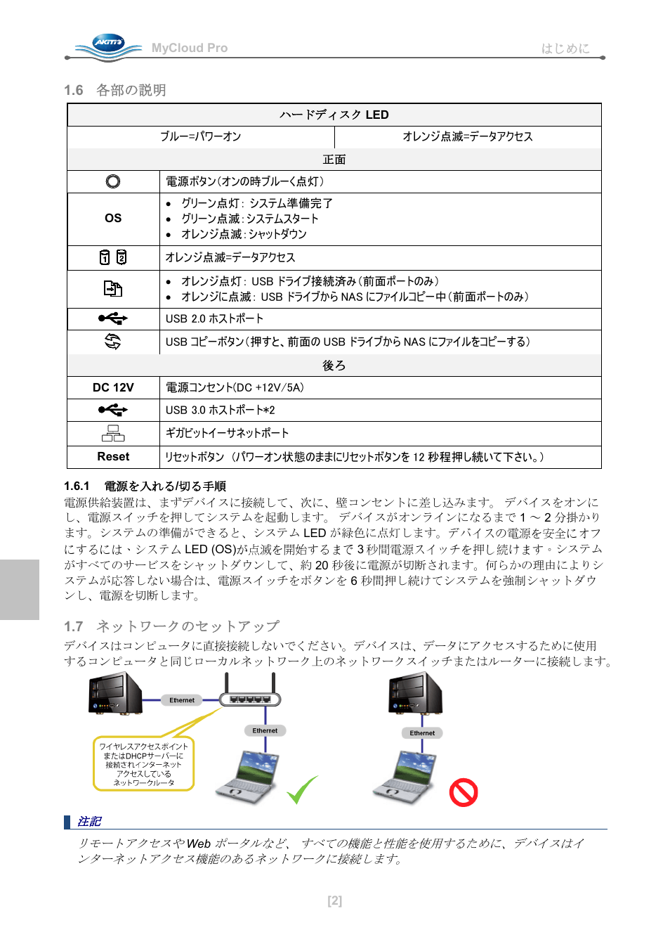 6 各部の説明, 1 電源を入れる/切る手順, 7 ネットワークのセットアップ | AKiTiO MyCloud Pro User Manual | Page 23 / 37