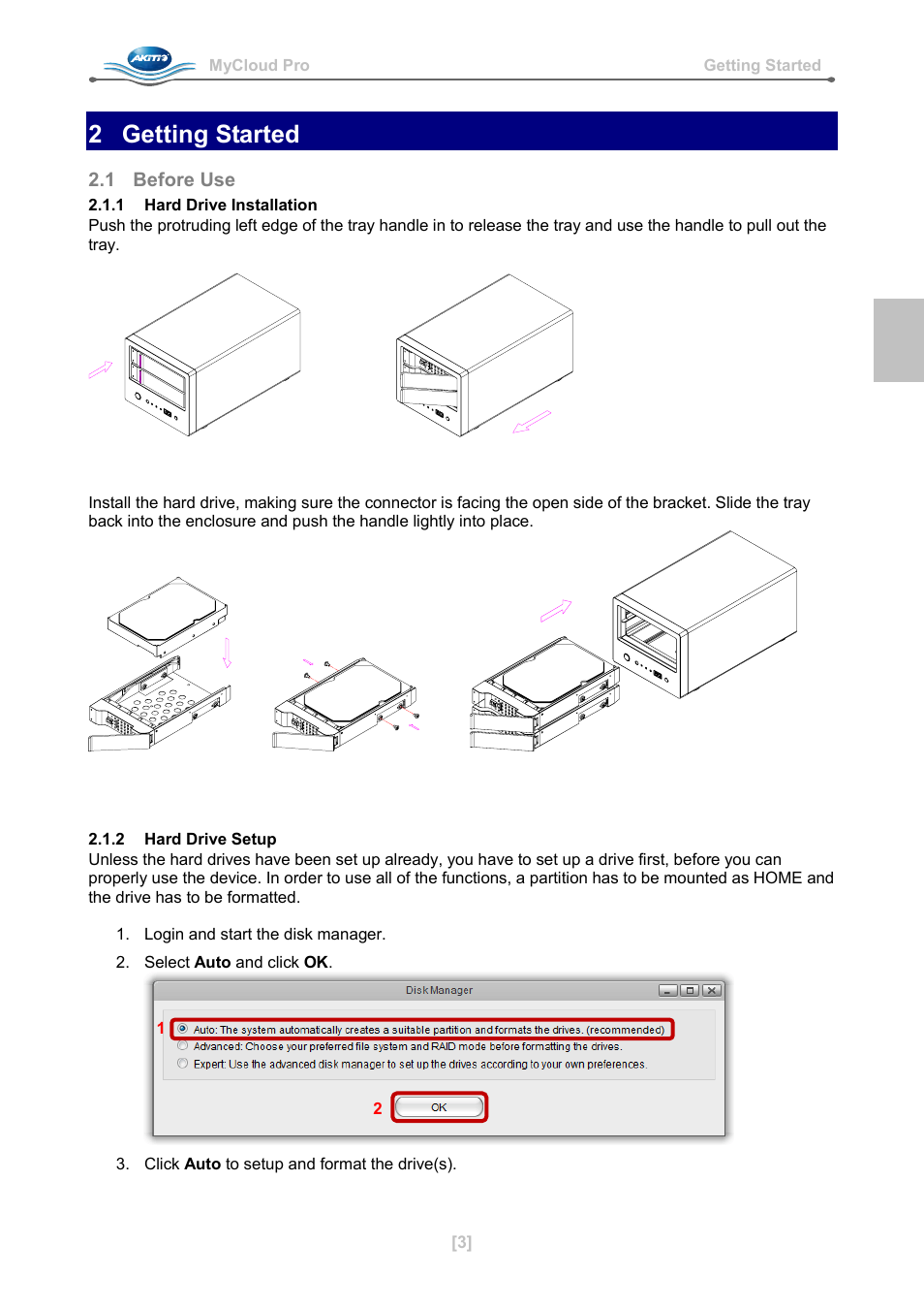 2 getting started, 1 before use, 1 hard drive installation | 2 hard drive setup | AKiTiO MyCloud Pro User Manual | Page 4 / 37