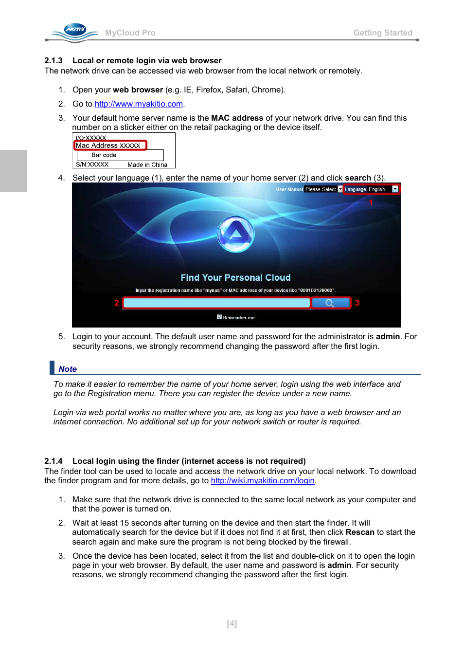 3 local or remote login via web browser | AKiTiO MyCloud Pro User Manual | Page 5 / 37