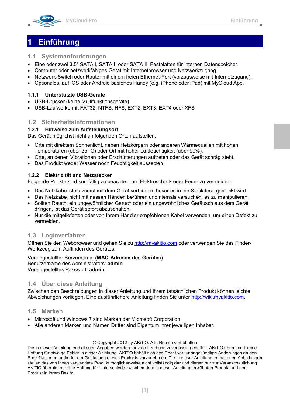 1 einführung, 1 systemanforderungen, 1 unterstützte usb-geräte | 2 sicherheitsinformationen, 1 hinweise zum aufstellungsort, 2 elektrizität und netzstecker, 3 loginverfahren, 4 über diese anleitung, 5 marken, Ch-t | AKiTiO MyCloud Pro User Manual | Page 6 / 37