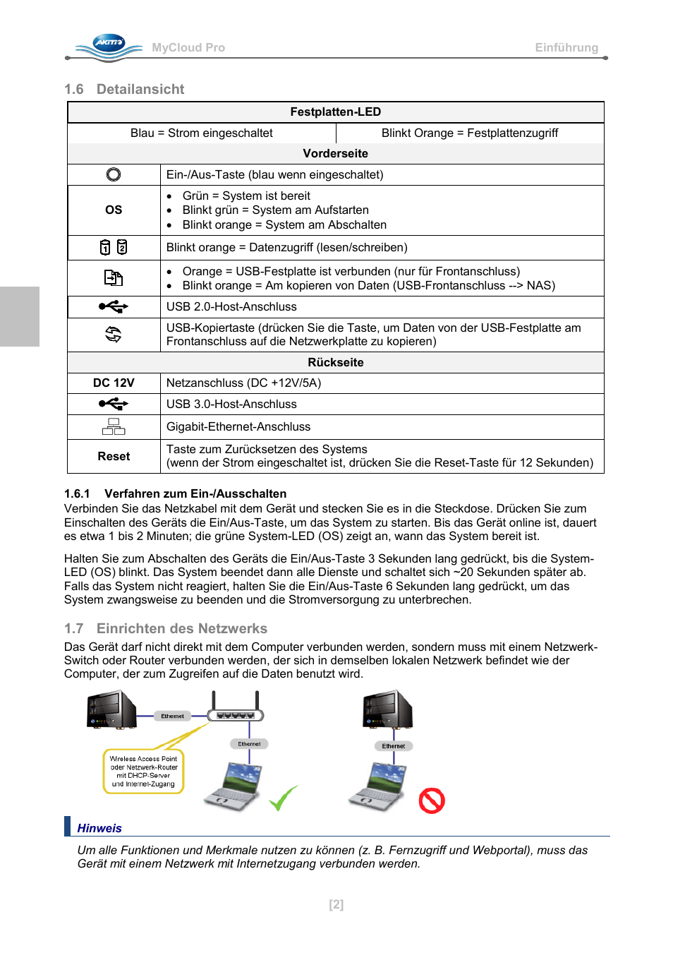 6 detailansicht, 1 verfahren zum ein-/ausschalten, 7 einrichten des netzwerks | AKiTiO MyCloud Pro User Manual | Page 7 / 37