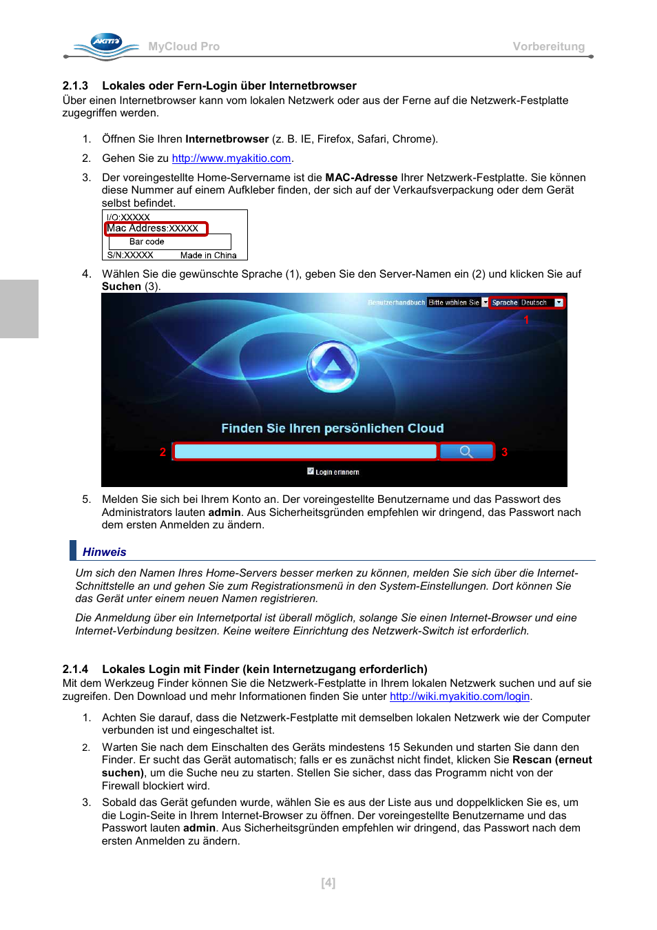 3 lokales oder fern-login über internetbrowser | AKiTiO MyCloud Pro User Manual | Page 9 / 37