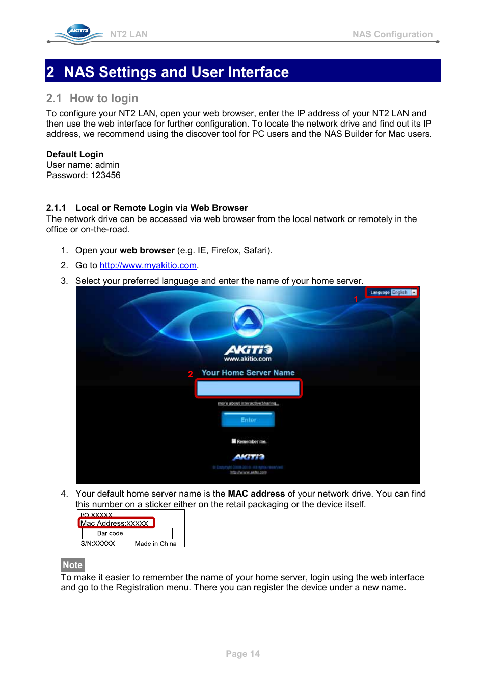 2 nas settings and user interface, 1 how to login, 1 local or remote login via web browser | Nas settings and user interface, How to login, Local or remote login via web browser | AKiTiO NT2 LAN User Manual | Page 17 / 60