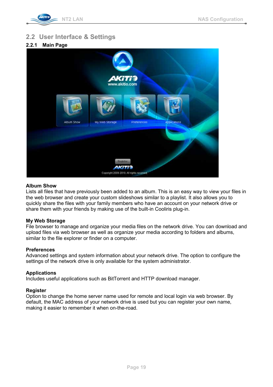 2 user interface & settings, User interface & settings | AKiTiO NT2 LAN User Manual | Page 22 / 60